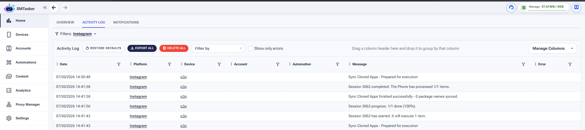An Activity Log entry reading: Sync Cloned Apps finished successfully, 0 package names synced