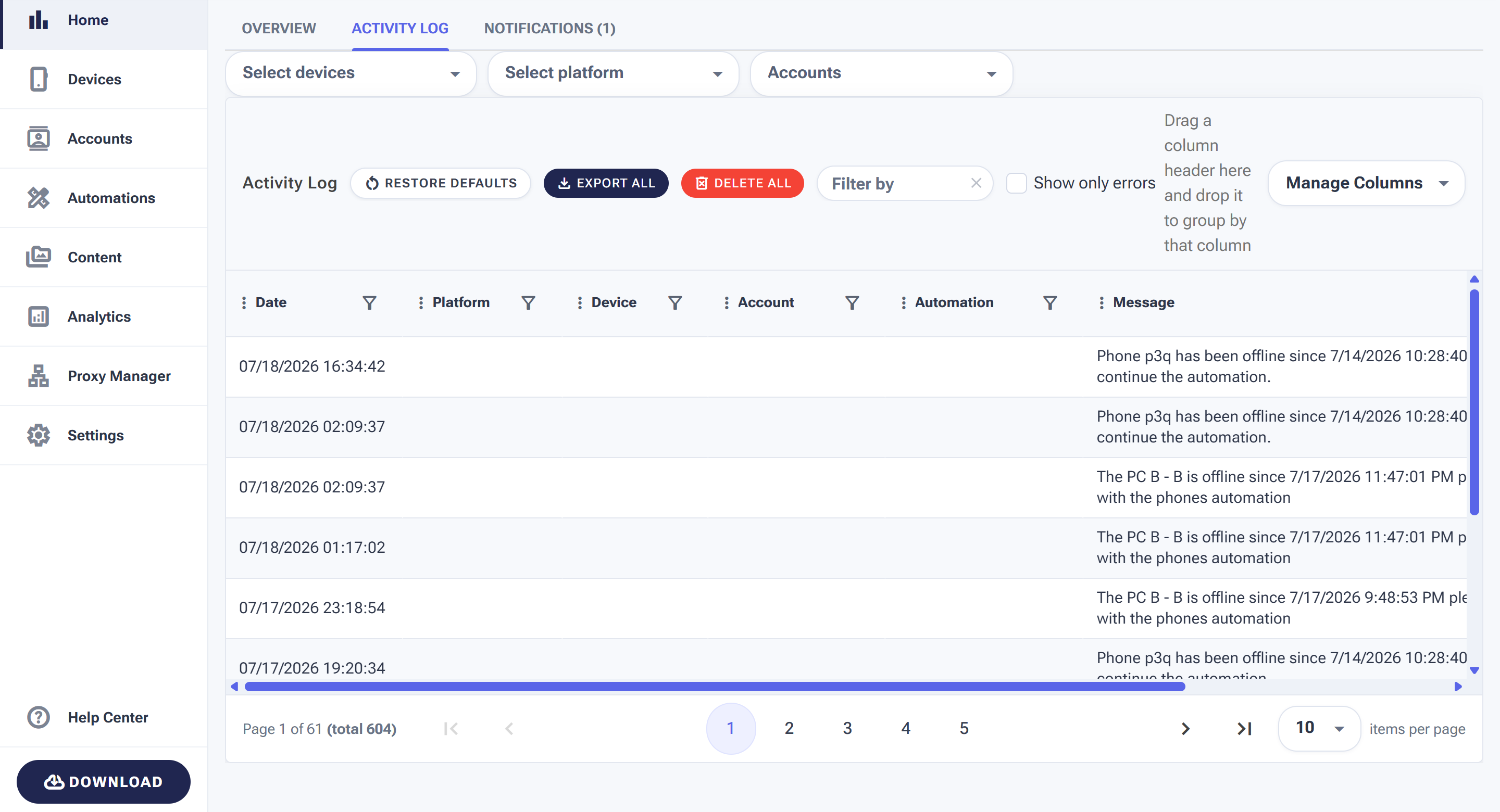 The Activity Log table with Date, Platform, Device, Account, Automation and Message columns, plus device/platform/account filters and Export/Delete buttons