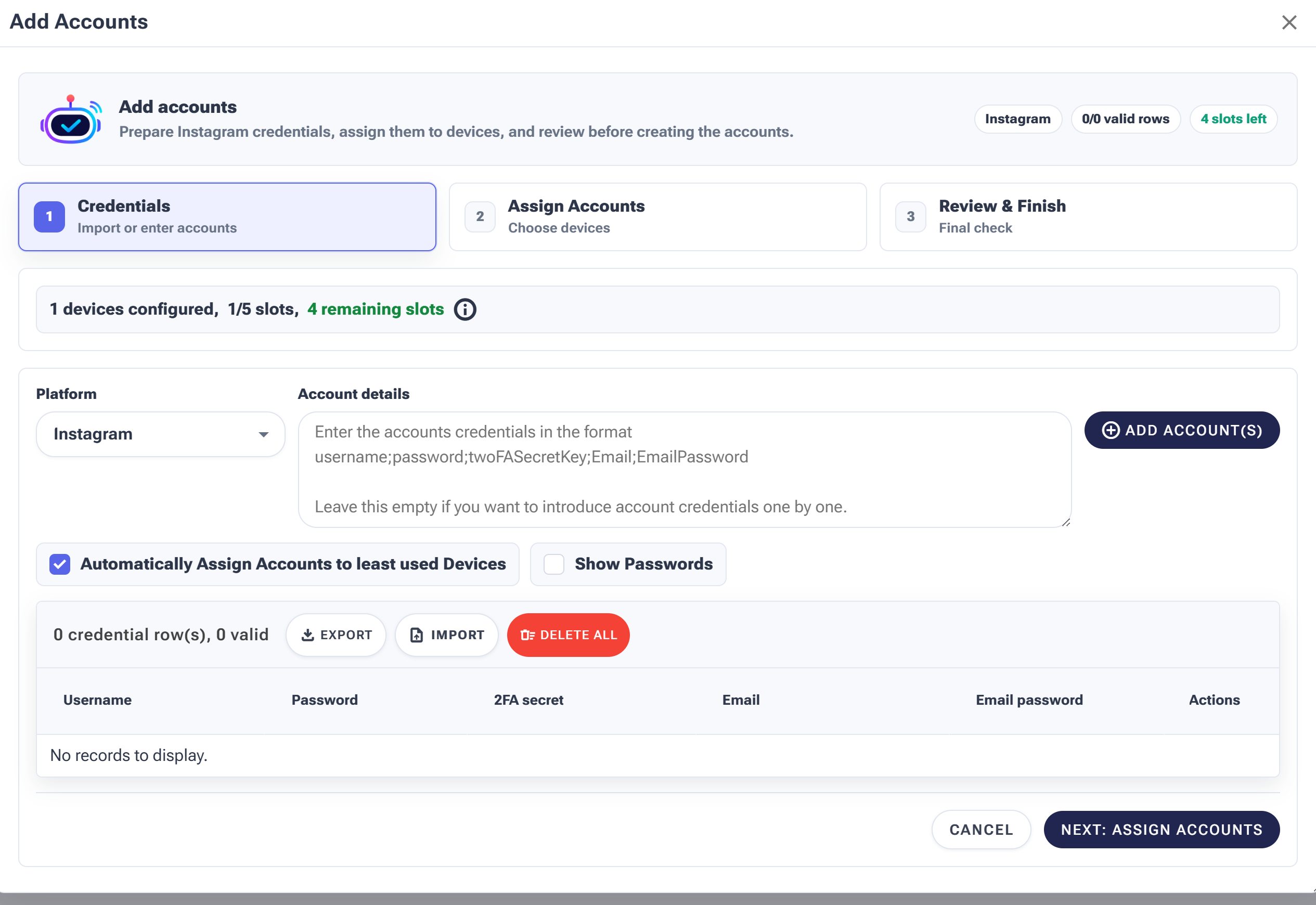 The Add Accounts wizard on the Credentials step, with a platform picker, a bulk credentials box, Auto-assign to least used devices, and Import/Export buttons