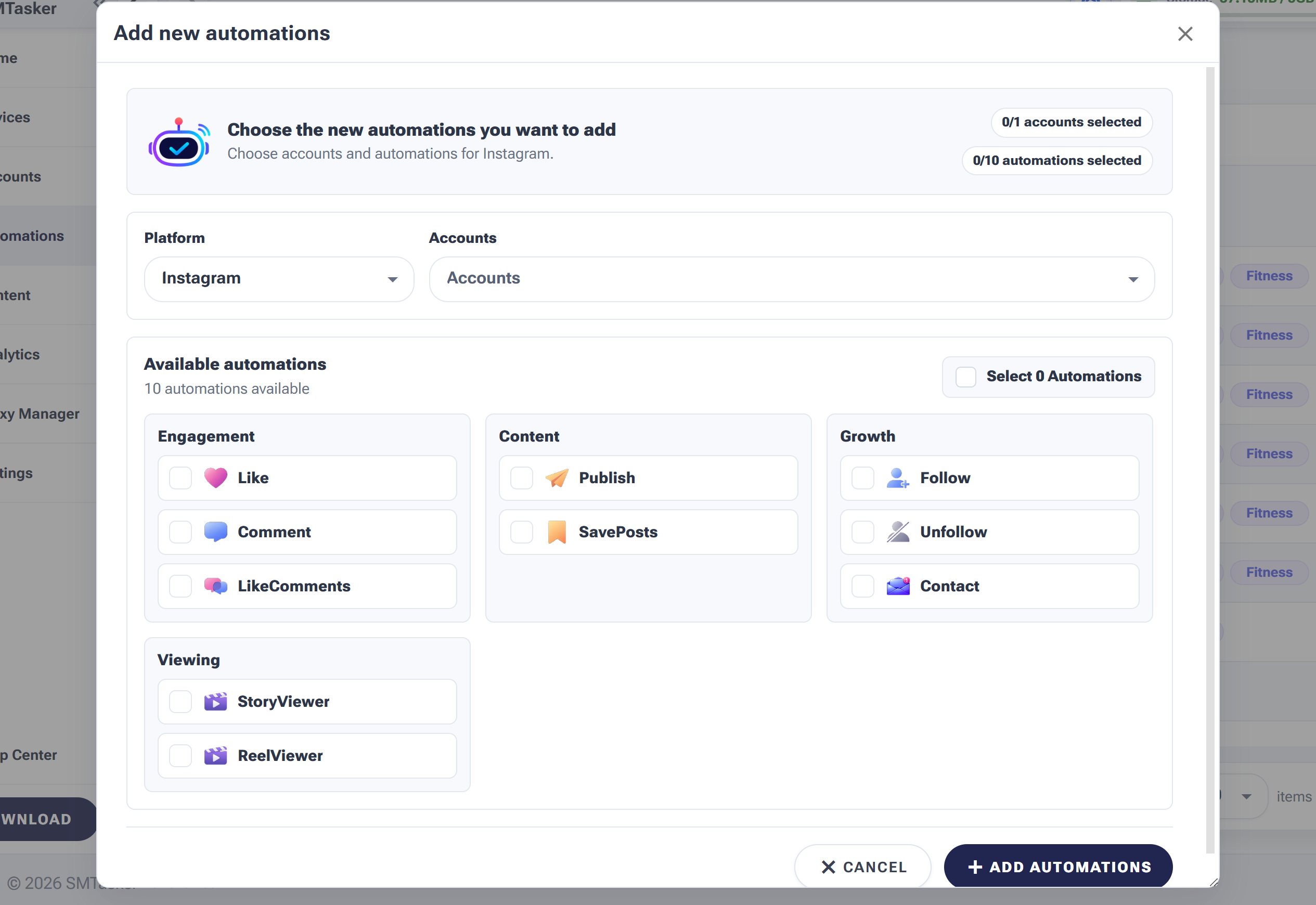 The Add new automations dialog: a Platform picker, an Accounts picker, and the ten available automations grouped into Engagement, Content, Growth and Viewing