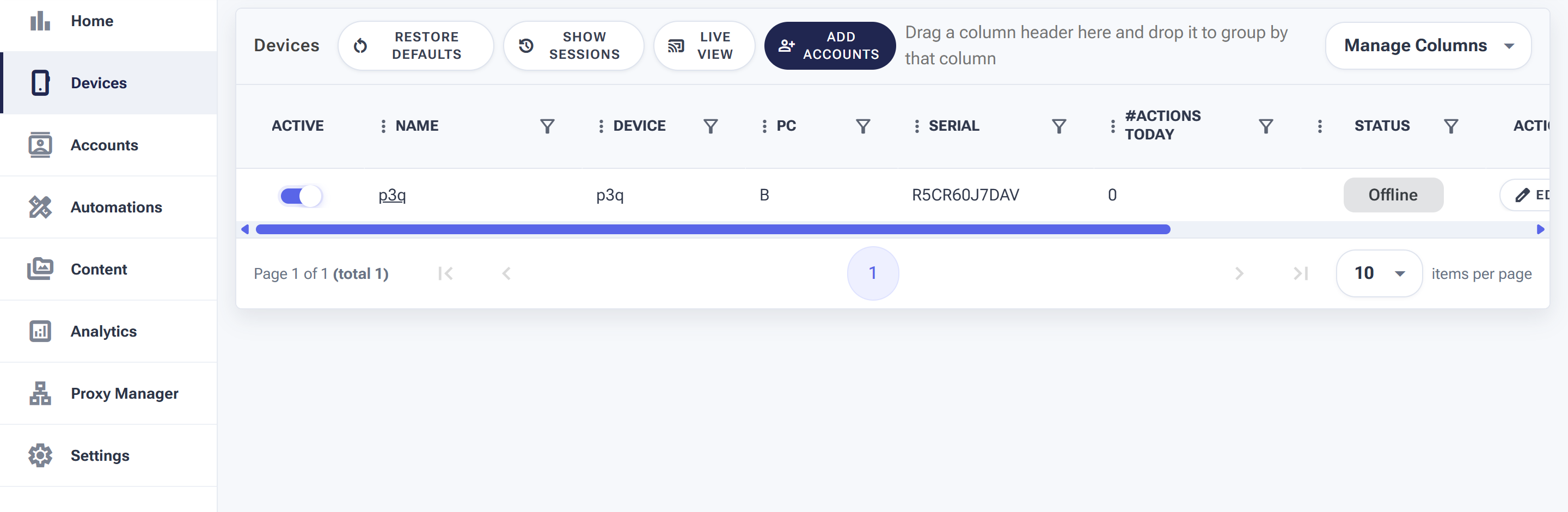 The Devices page table with Active toggle, Name, Device, PC, Serial, #Actions Today and Status columns, plus Live View, Show Sessions and Add Accounts buttons
