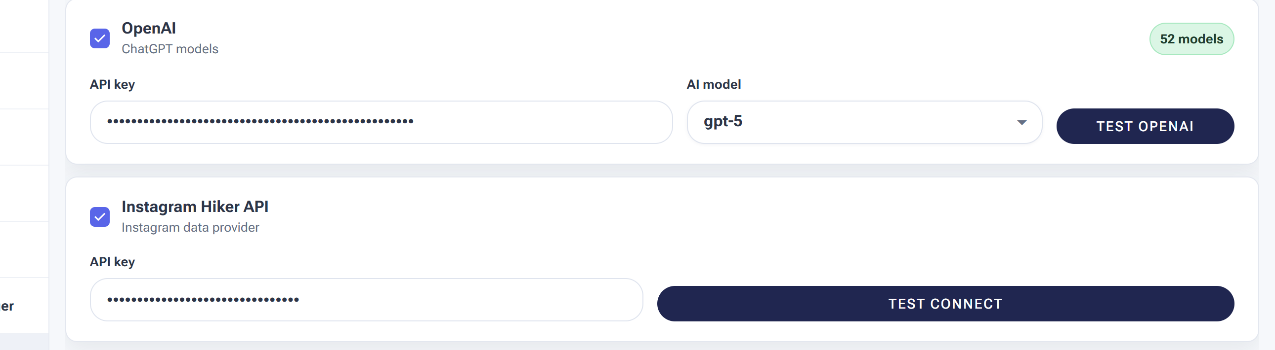 The Settings AI tab with an OpenAI (ChatGPT) API key and model picker, and an Instagram Hiker API key, each with a Test button