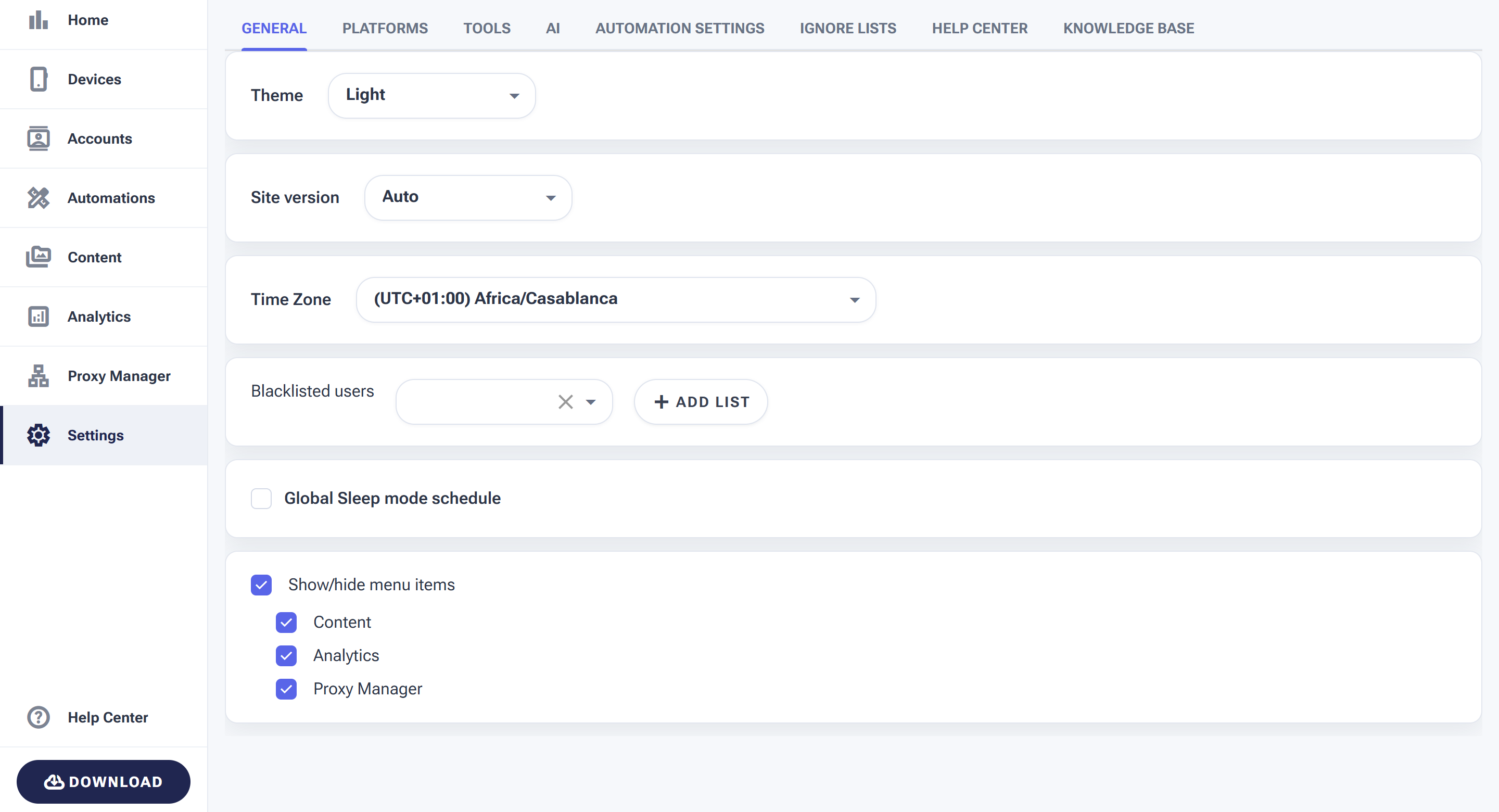 The Settings General tab with Theme, Site version, Time Zone, Blacklisted users, Global Sleep mode schedule and Show/hide menu items