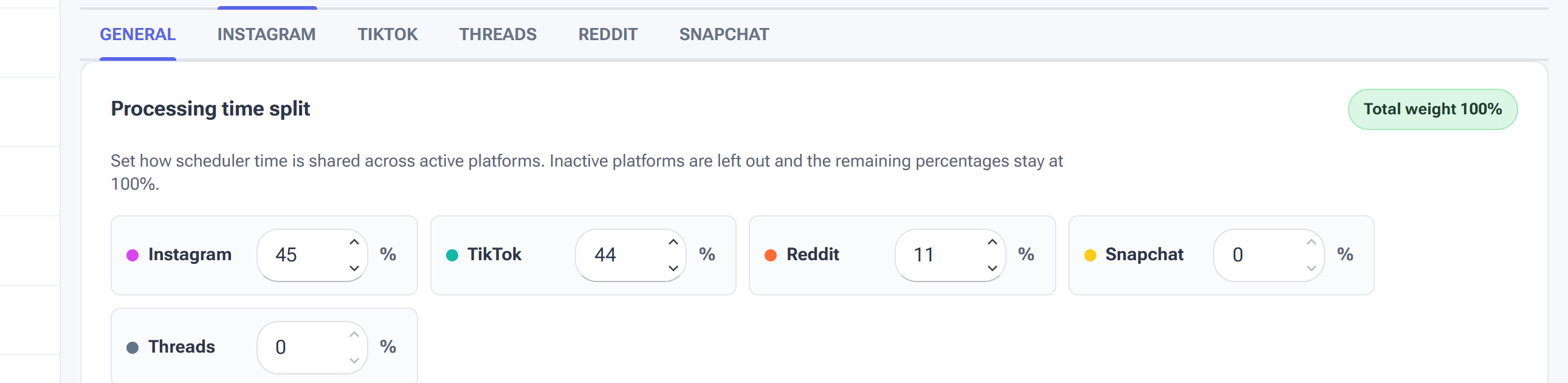 The Settings Platforms tab showing the Processing time split with per-platform percentage weights for Instagram, TikTok, Reddit, Snapchat and Threads