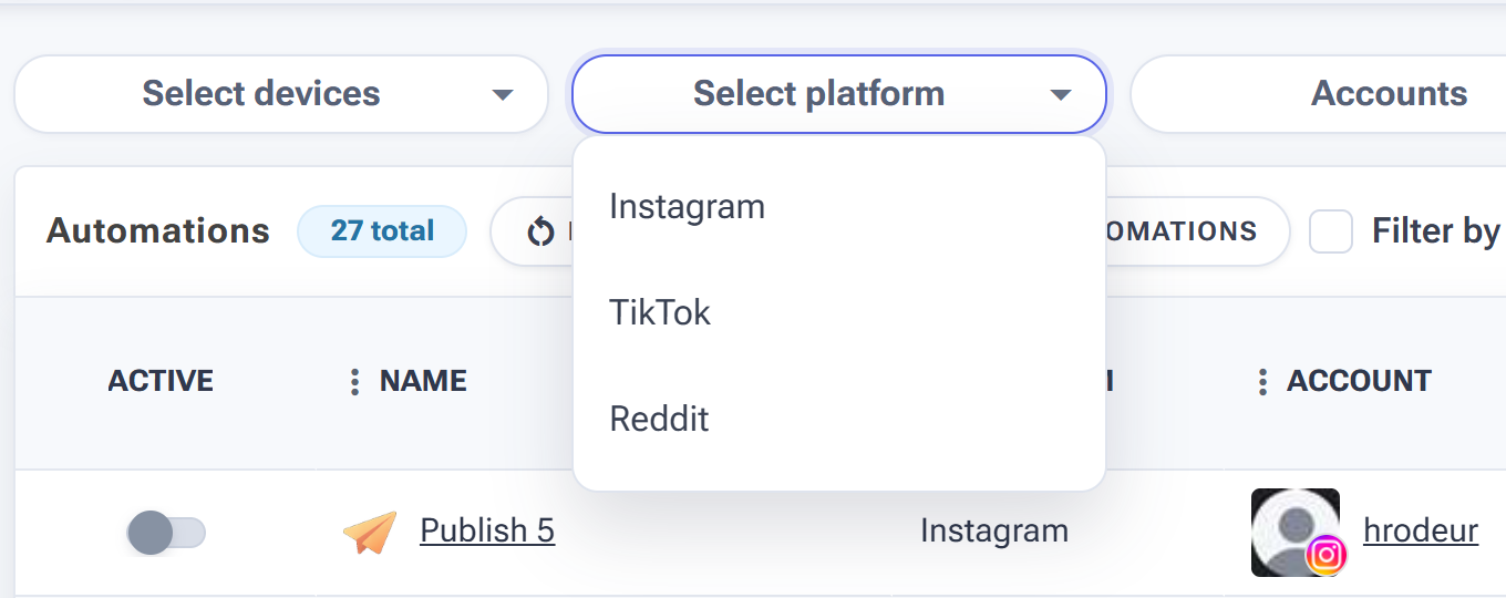 The Select platform filter open, showing Instagram, TikTok and Reddit options