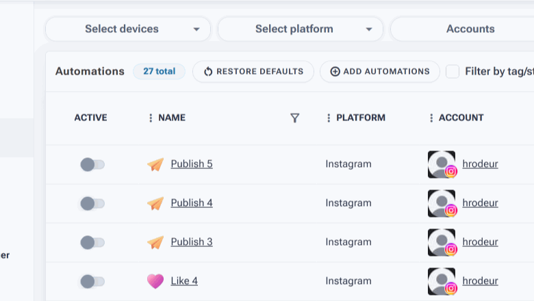 Animation of the Select platform filter opening on the automations dashboard