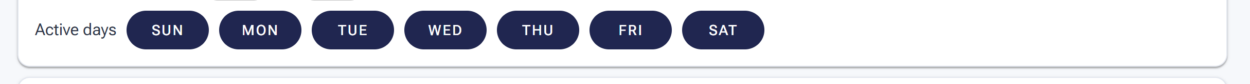 The Active days day-of-week toggles on a tool Settings tab
