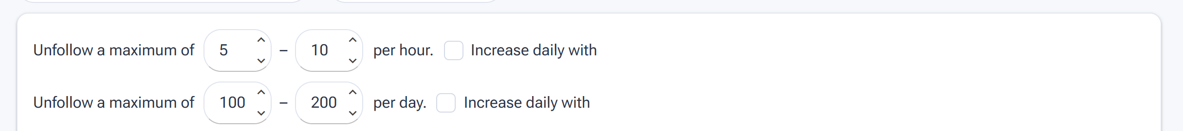 Close-up of the per-hour (5–10) and per-day (100–200) unfollow limits