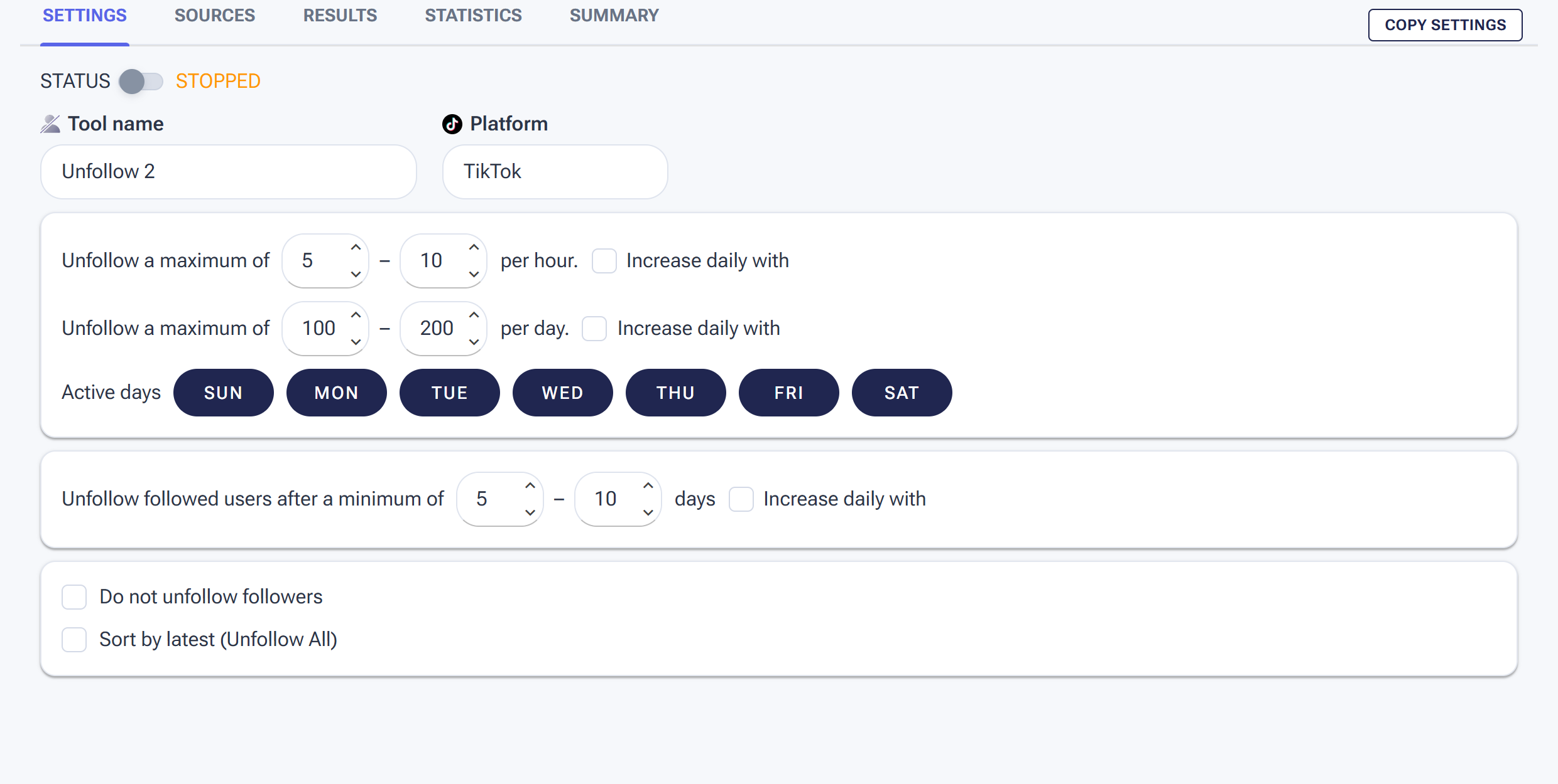 The Unfollow tool Settings tab with limits, active days, minimum-days rule and unfollow options