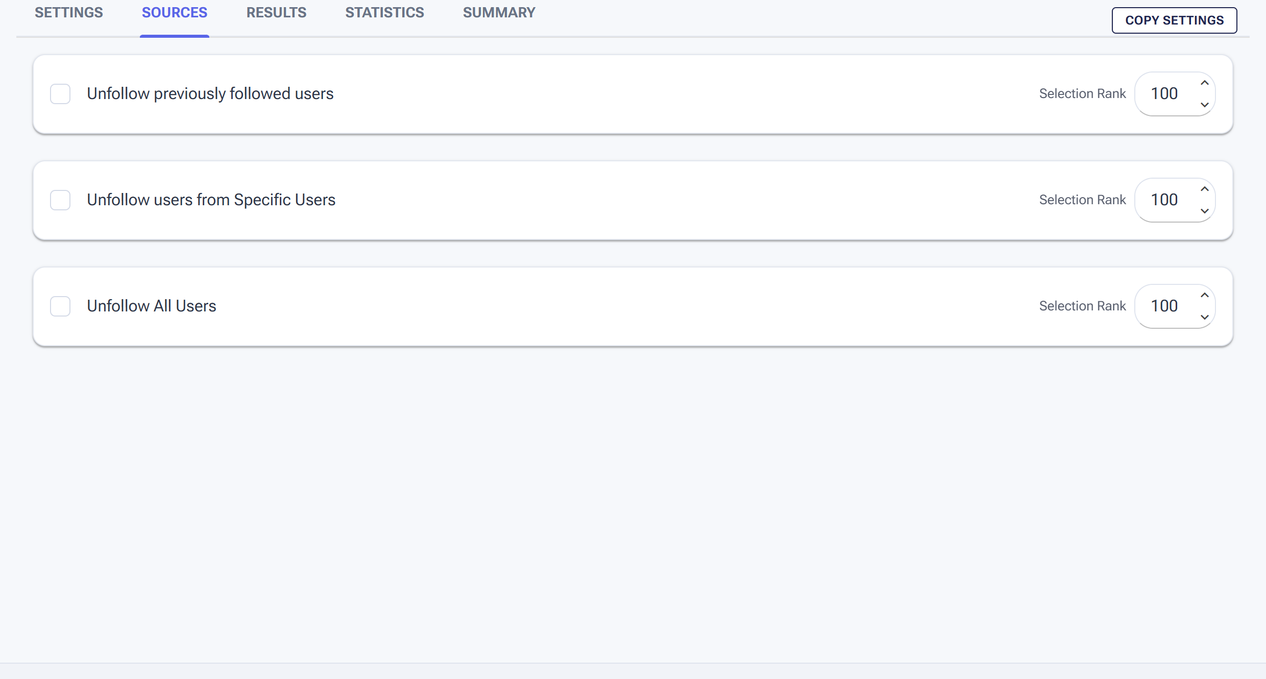 The Unfollow tool Sources tab with options to unfollow previously followed users, specific users or a list