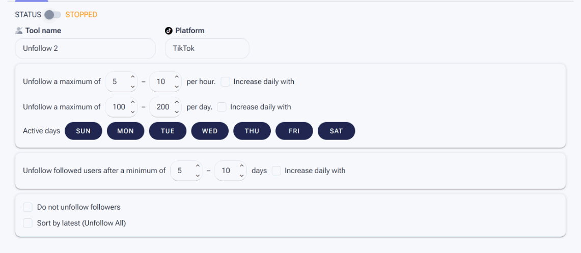 Animated tour of the Unfollow tool Settings and Sources tabs