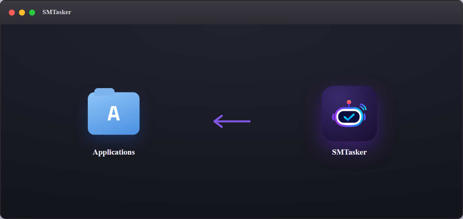 The SMTasker disk-image window with an arrow showing the app being dragged into the Applications folder