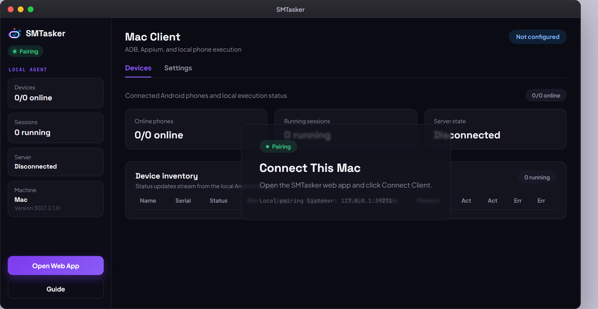 The SMTasker Mac Client showing a Pairing badge and a Connect This Mac card