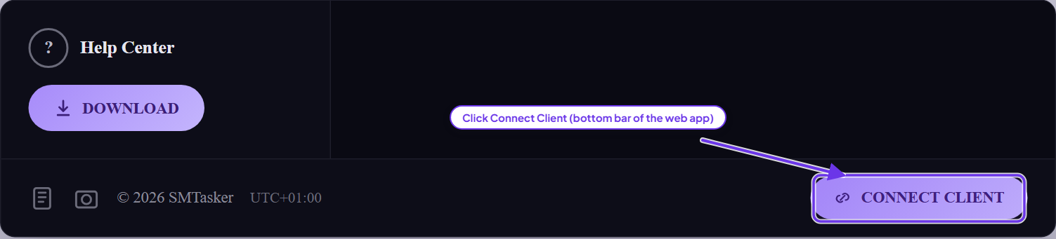 The web app footer with the CONNECT CLIENT button highlighted next to the DOWNLOAD button