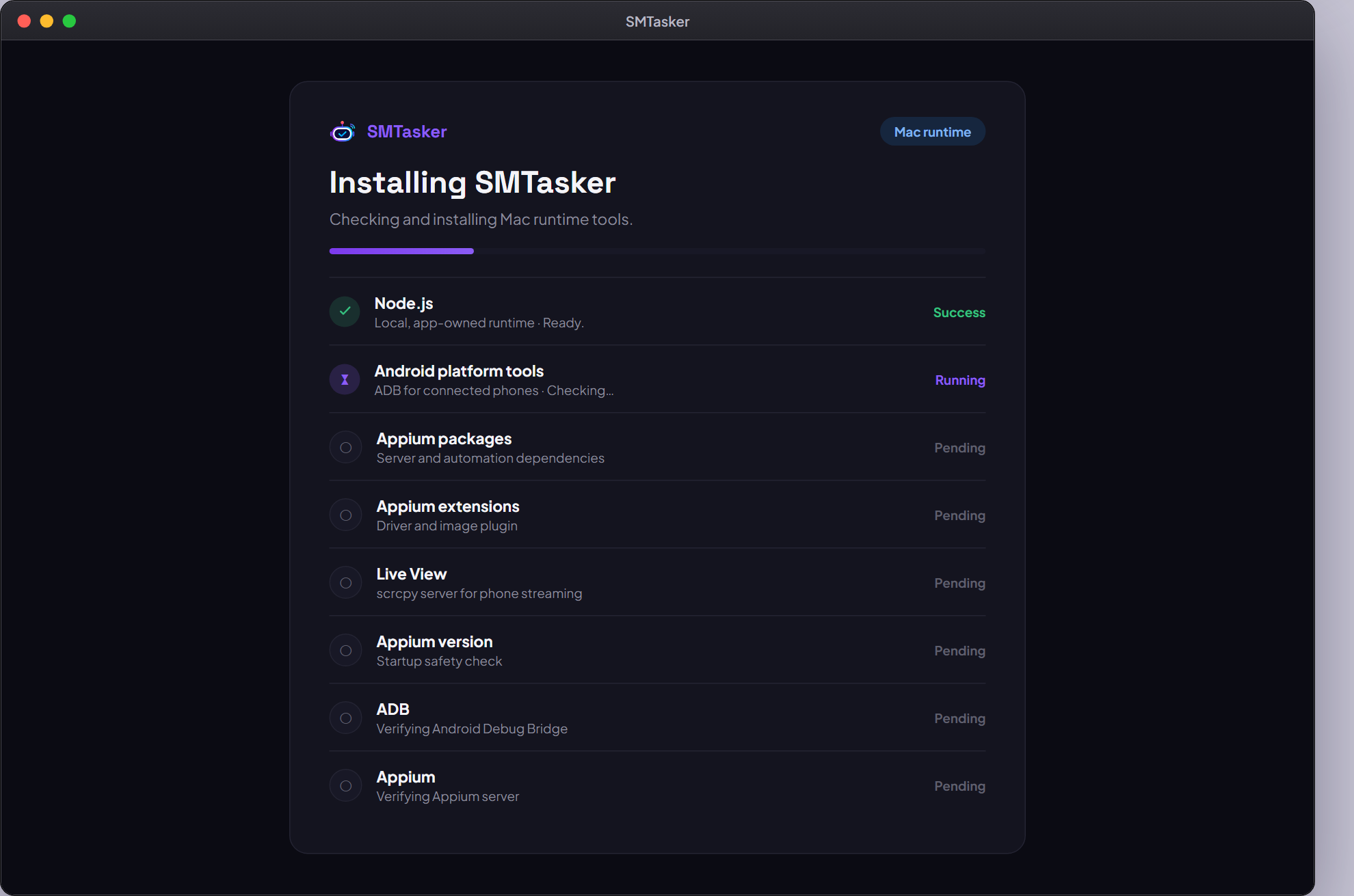 The Installing SMTasker screen checking and installing Mac runtime tools, with Node.js done and Android platform tools running