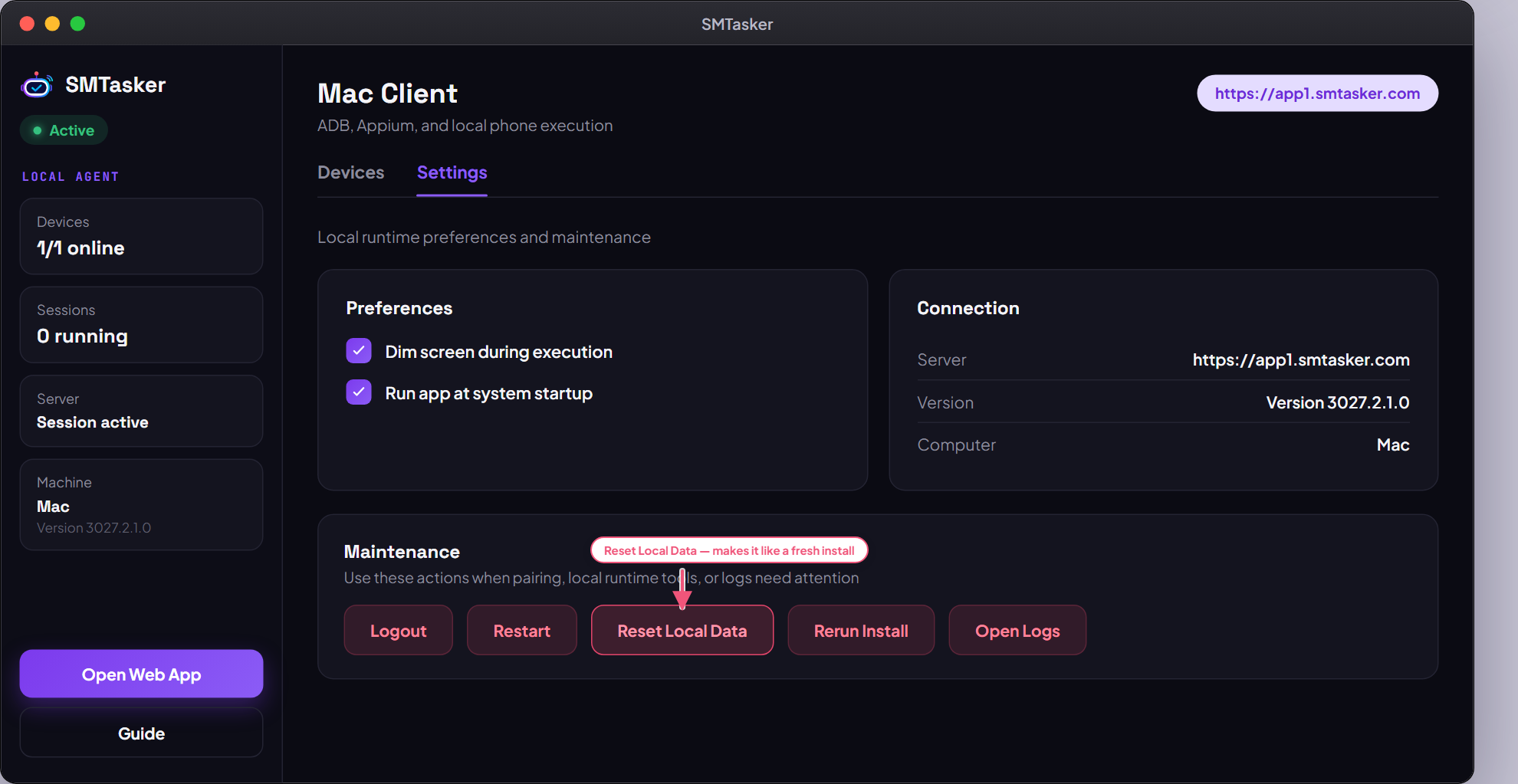 The SMTasker Mac Client Settings tab showing Preferences, Connection details, and the Maintenance row with Reset Local Data highlighted