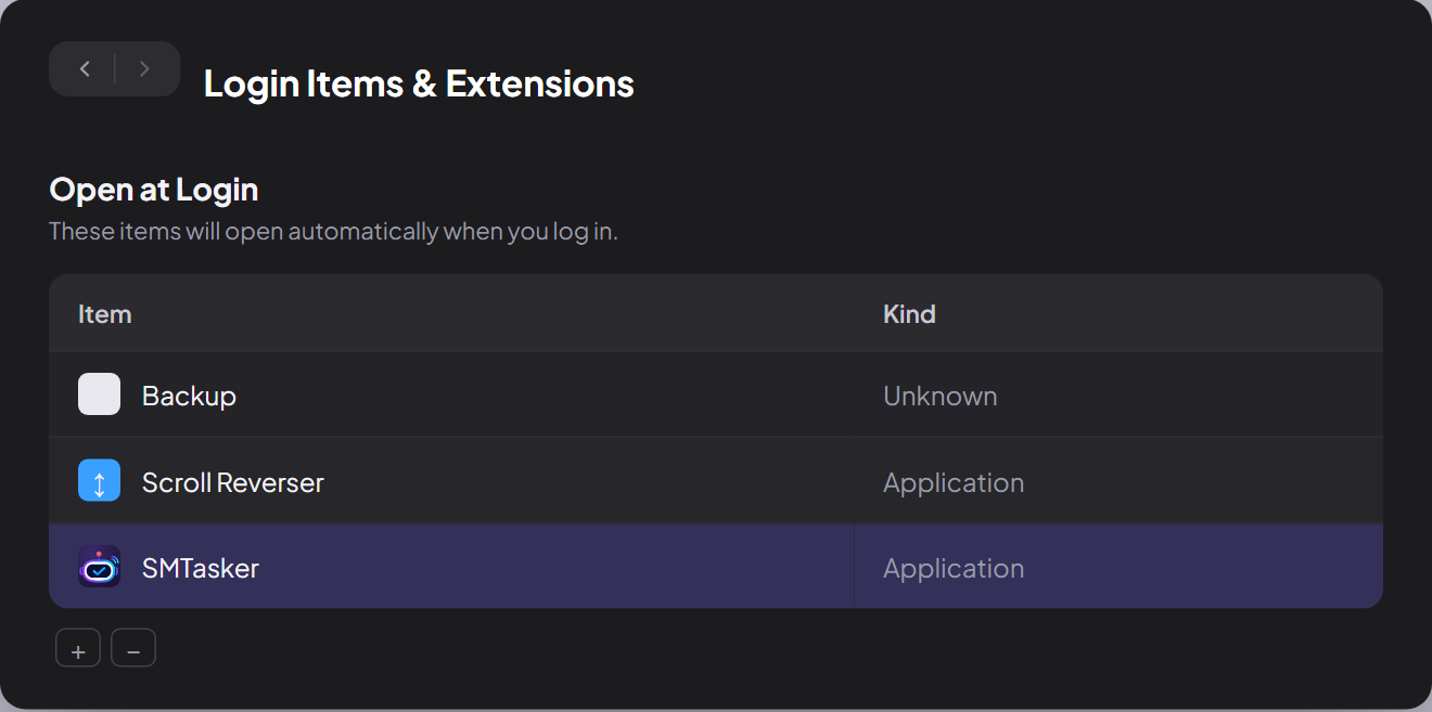 macOS System Settings, Login Items & Extensions, showing SMTasker listed under Open at Login