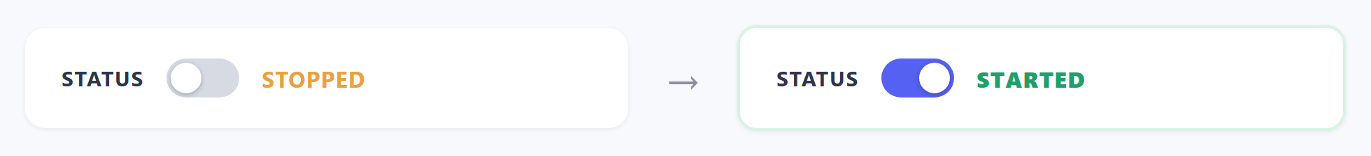 The Status toggle flipped from STOPPED to ON with a green STARTED label