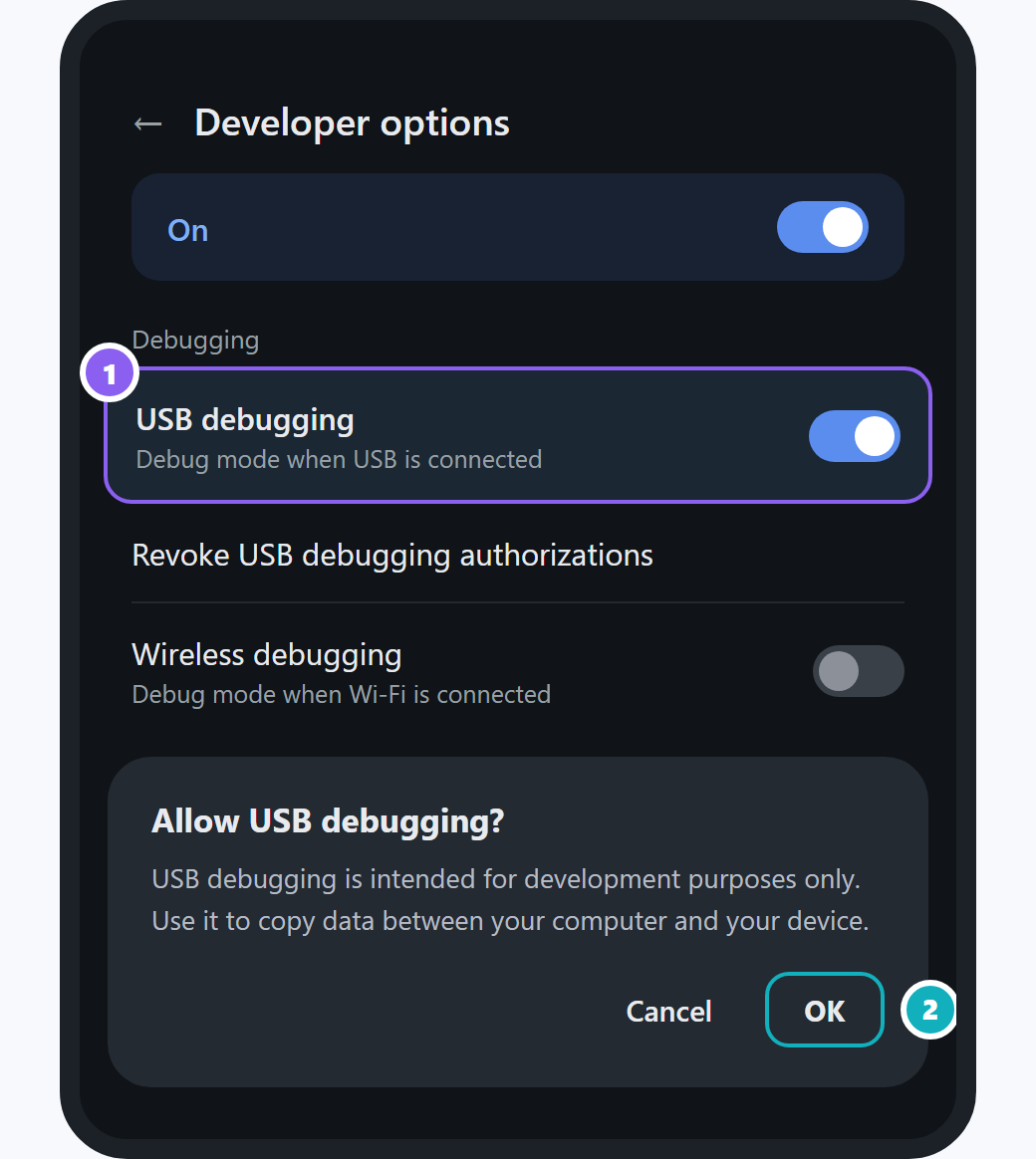 The Developer options screen with USB debugging switched on (1) and the Allow USB debugging popup confirmed with OK (2)