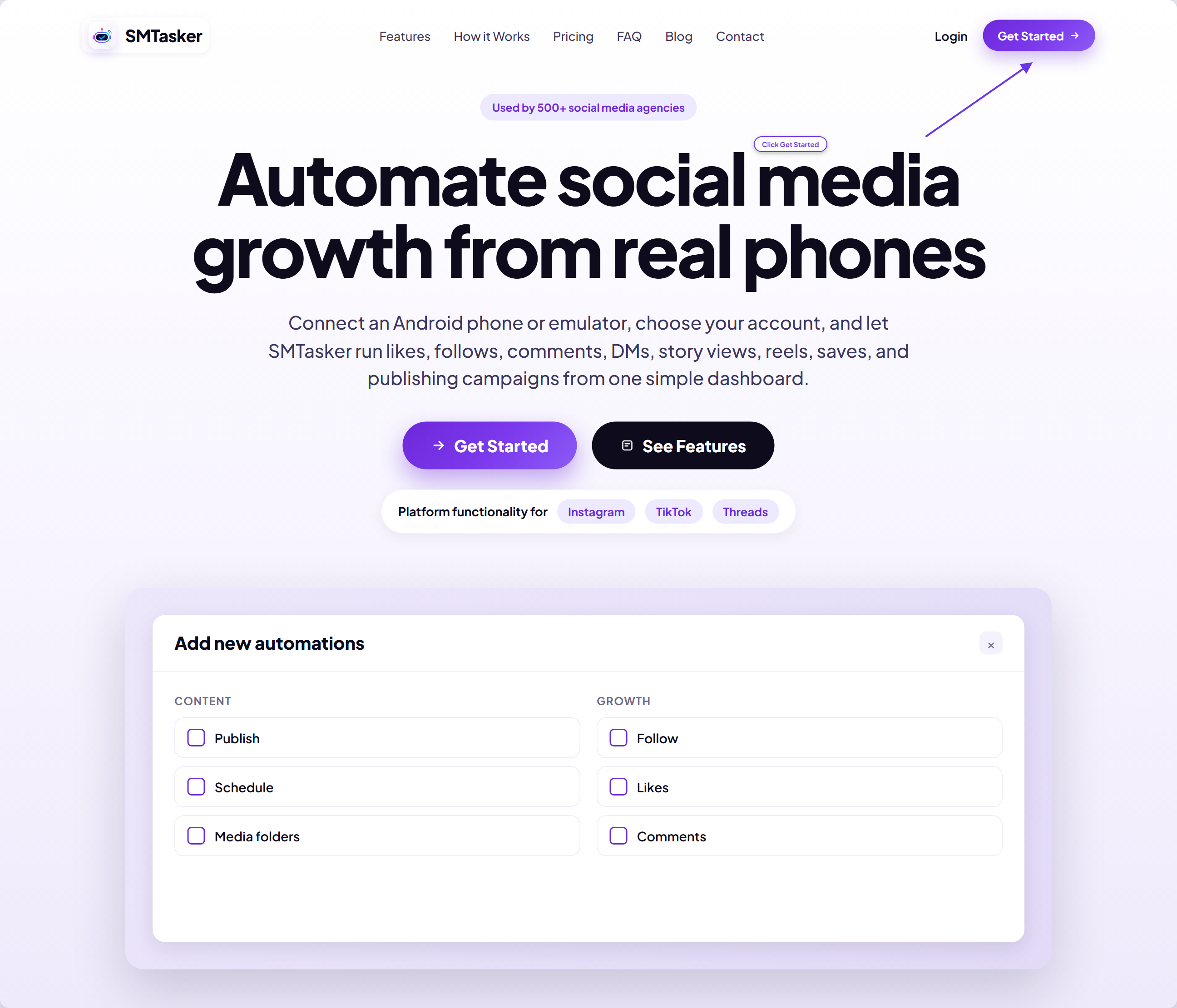 The SMTasker homepage with an arrow pointing to the Get Started button in the top-right corner