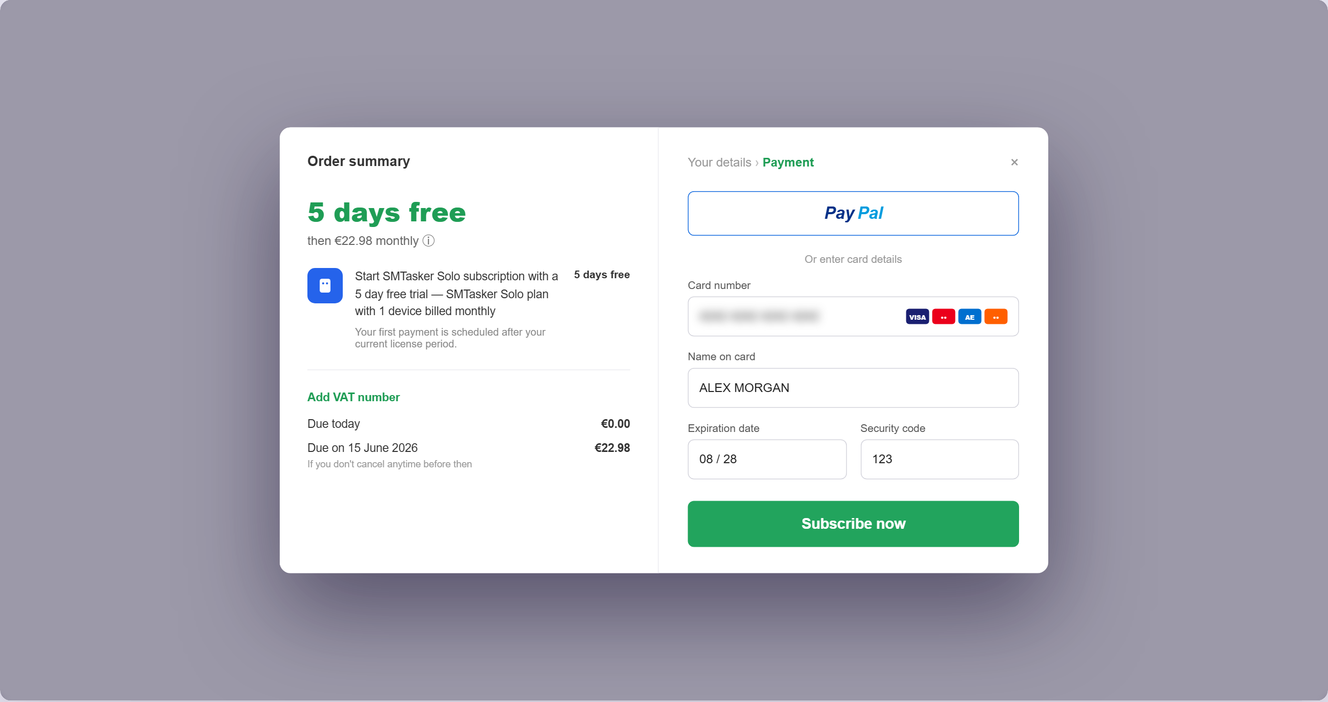 The secure Paddle checkout with PayPal option and card detail fields, showing Due today €0.00