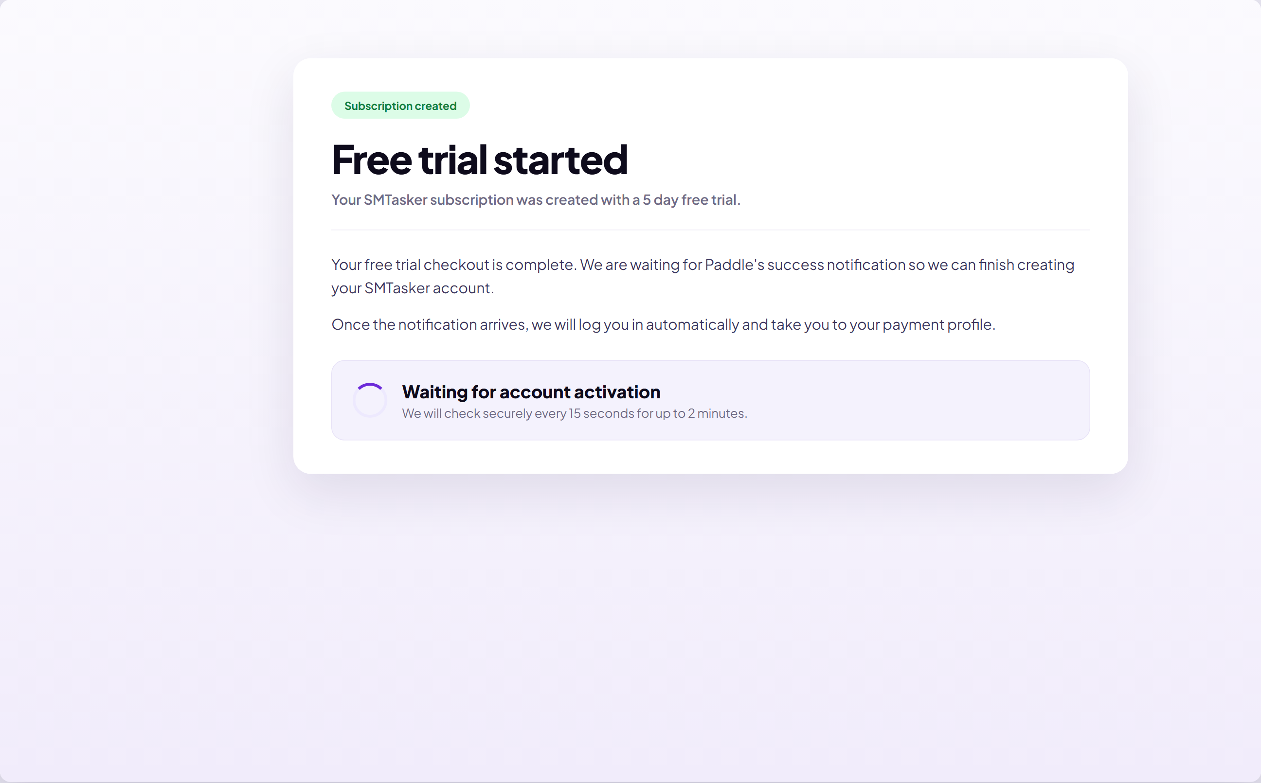 The activation screen showing Free trial started and a waiting-for-activation spinner
