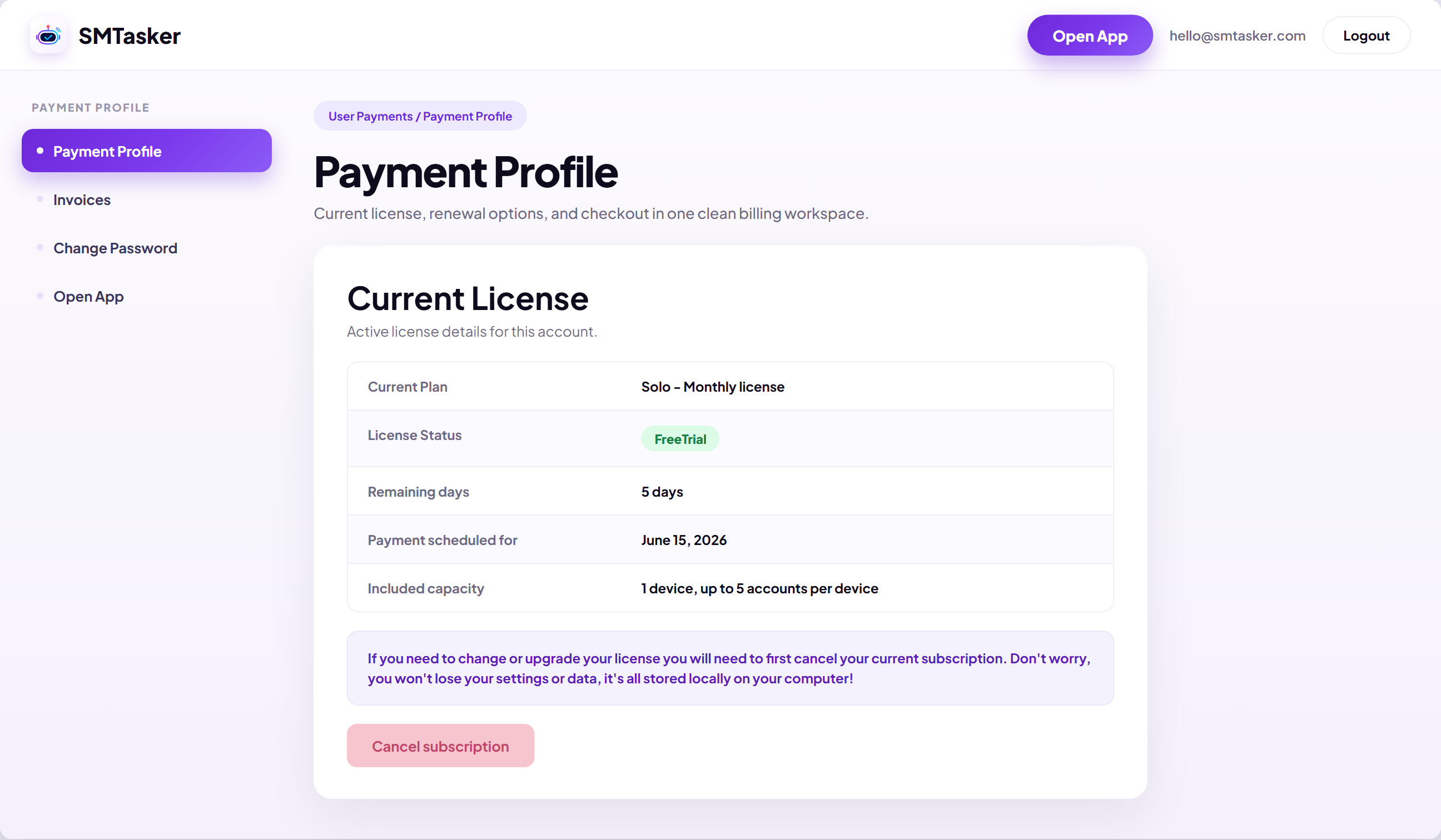 The account dashboard Payment Profile page with license details and the Open App button