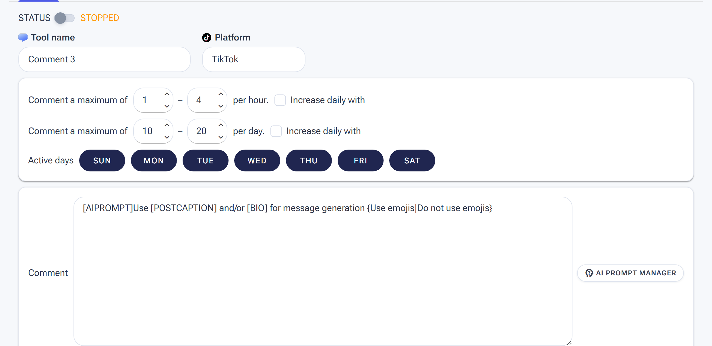 The Comment tool Settings tab with rate ranges, Active days and the AI comment prompt box