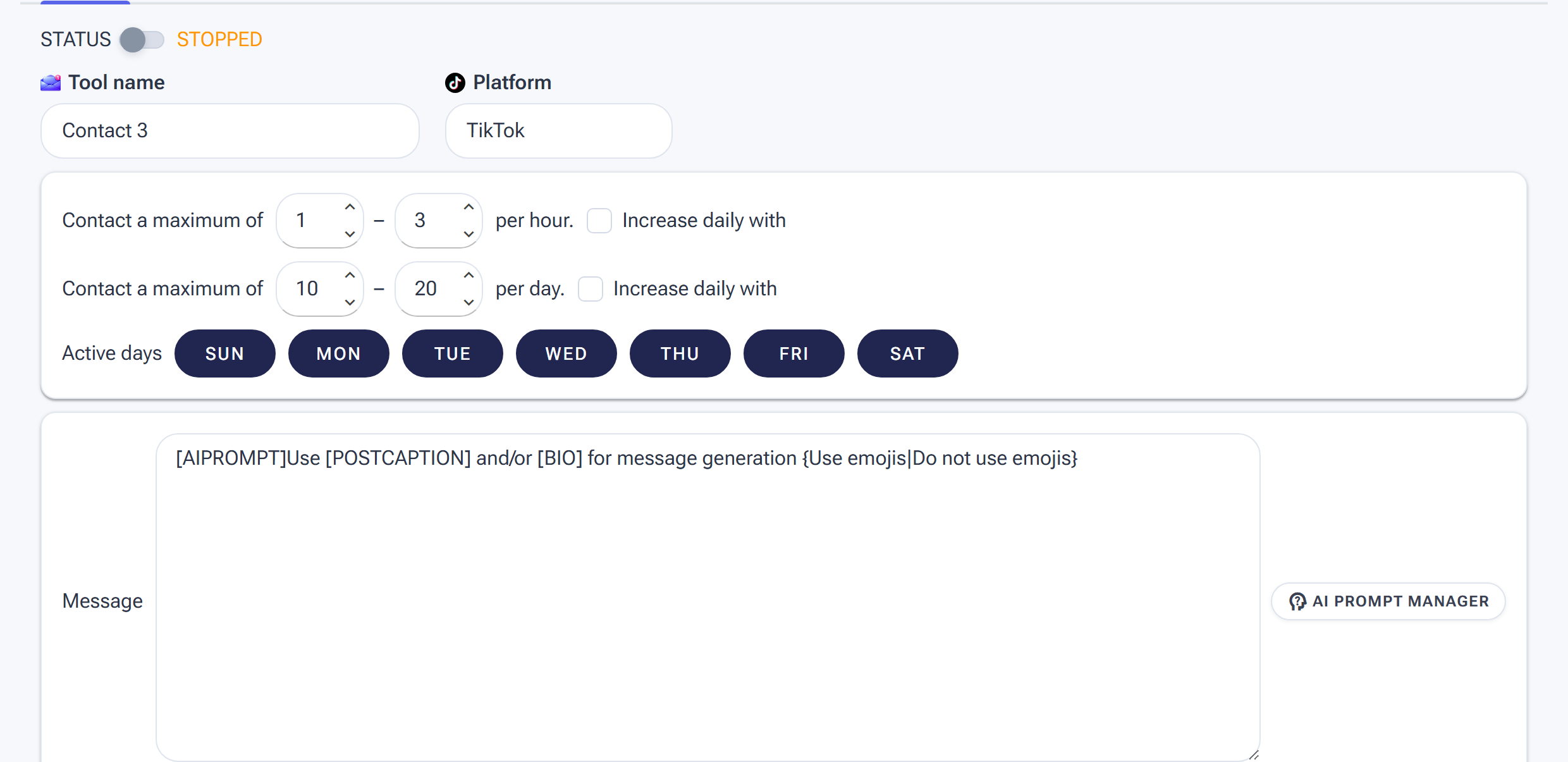 The Contact tool Settings tab with DM rate ranges, Active days and the Message box with AI Prompt Manager