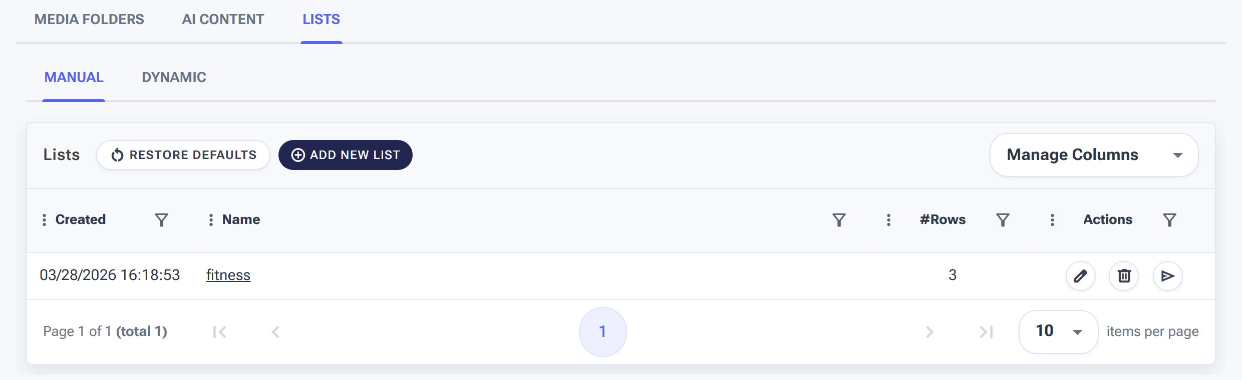 The Content page open on the Lists tab