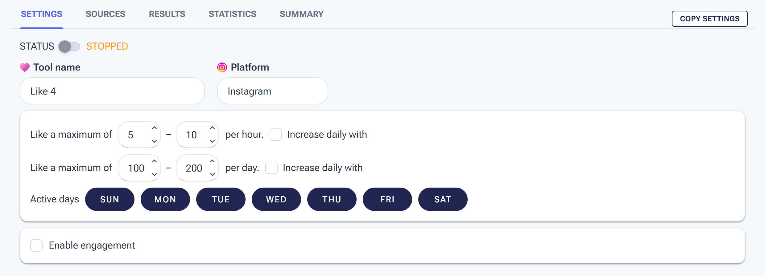 The Like tool Settings tab with hourly and daily like ranges and Active days
