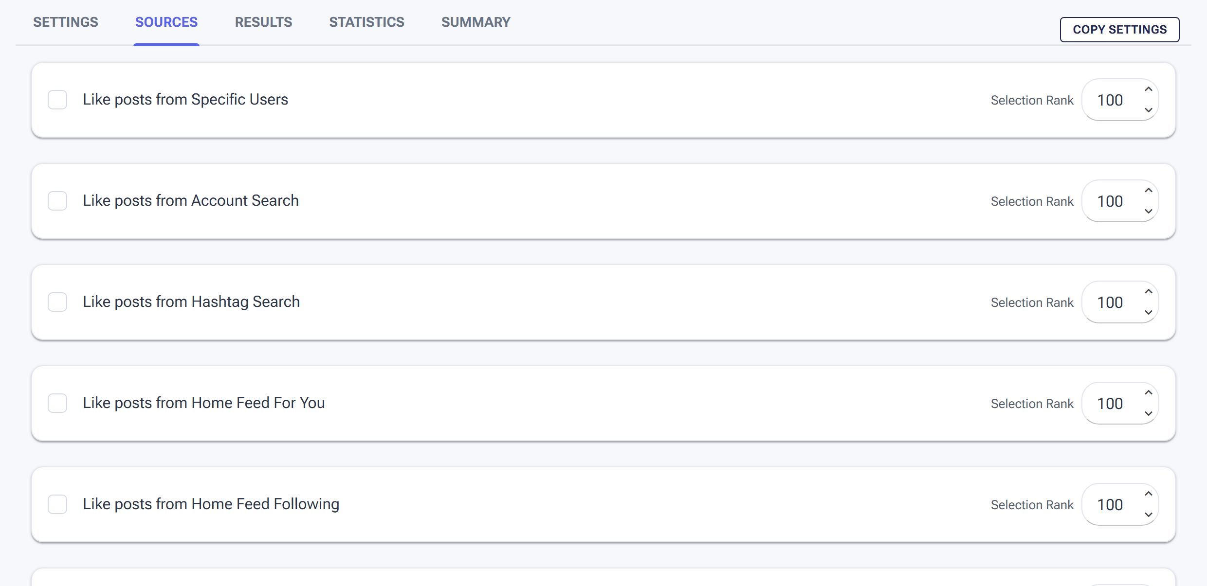 The Like tool Sources tab with source checkboxes and Selection Rank fields