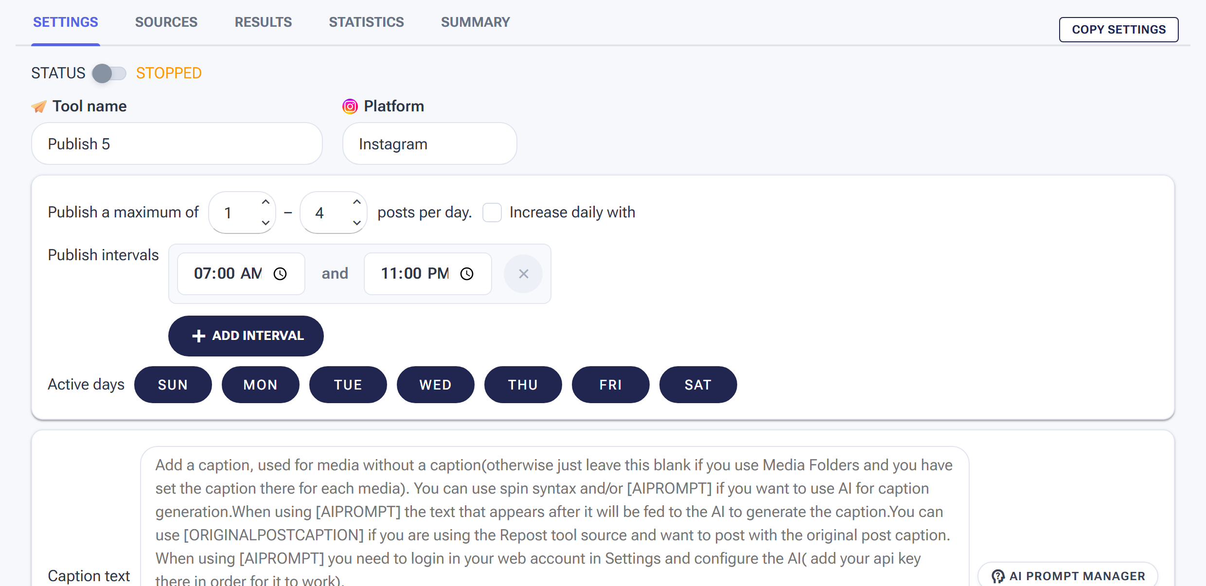 The Publish tool Settings tab with posting rate and schedule controls