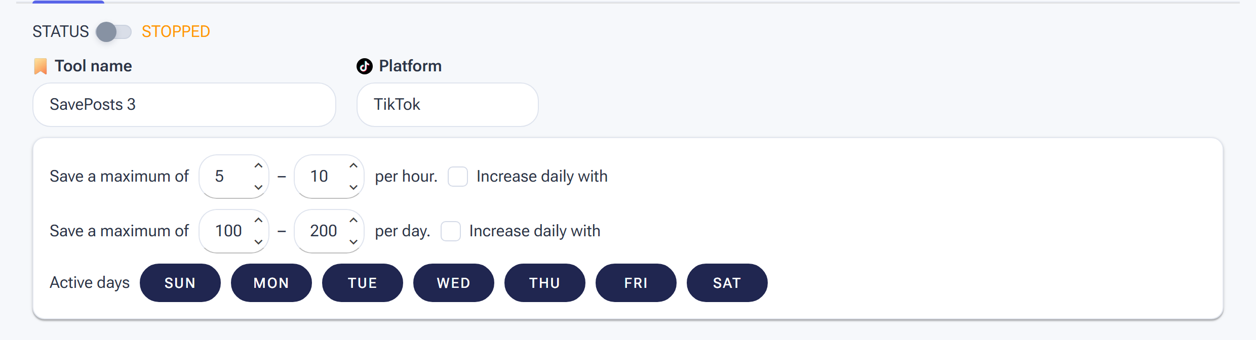 The SavePosts tool Settings tab with hourly and daily save ranges and Active days