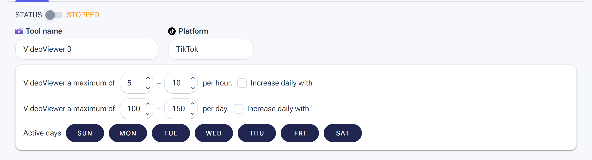 The VideoViewer Settings tab with hourly and daily view ranges and Active days
