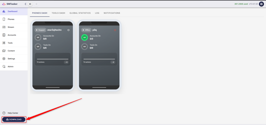 A screenshot of the SMTasker web dashboard interface. A prominent red arrow points to the dark blue 'DOWNLOAD' button located in the bottom-left corner of the navigation sidebar.