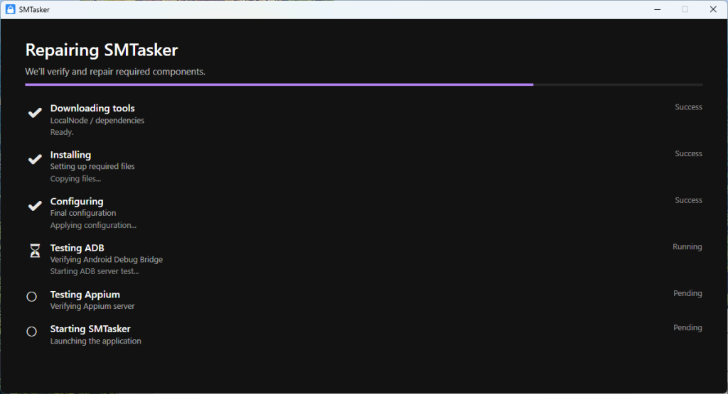 A screenshot of the SM Tasker local client installation and repair window. The screen shows a list of verification steps: Downloading tools, Installing, and Configuring are marked as "Success" with checkmarks. An hourglass icon shows that "Testing ADB" is currently running, while Appium testing and app launching are listed as pending.