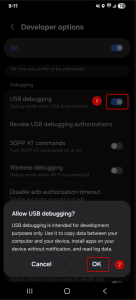 A composite screenshot of an Android phone's Developer Options menu. A red box labeled "1" highlights the USB debugging toggle being switched to the "On" position. Below it, a system popup titled "Allow USB debugging?" is shown with a red box labeled "2" highlighting the "OK" button.