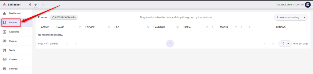 SMTasker dashboard showing the Phones option selected in the left sidebar