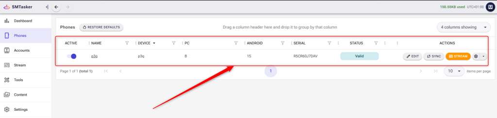 SMTasker Phones page showing a connected Android device listed with its status