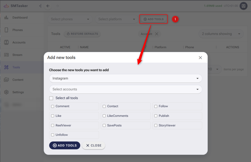 The Add Tools dialog box in SM Tasker showing dropdowns for platform selection, account choice, and tool checkboxes.