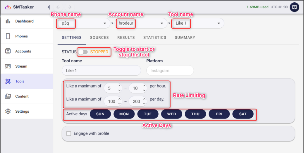 The SM Tasker tool settings interface showing the status toggle, hourly and daily rate limits, and an active days calendar (SUN-SAT).