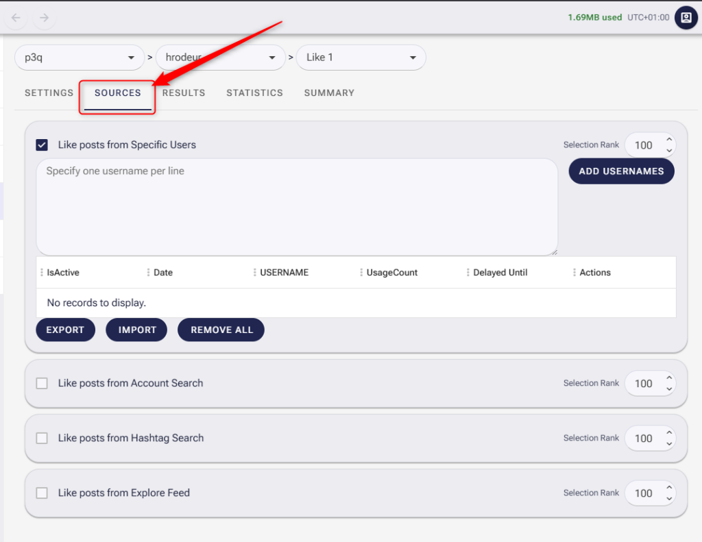 The SM Tasker tool Sources tab showing options to add usernames, hashtags, and account search keywords for targeting.