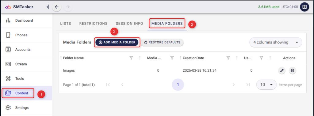Screenshot of the SM Tasker dashboard showing how to navigate to the Content section, select the Media Folders tab, and click the Add Media Folder button.