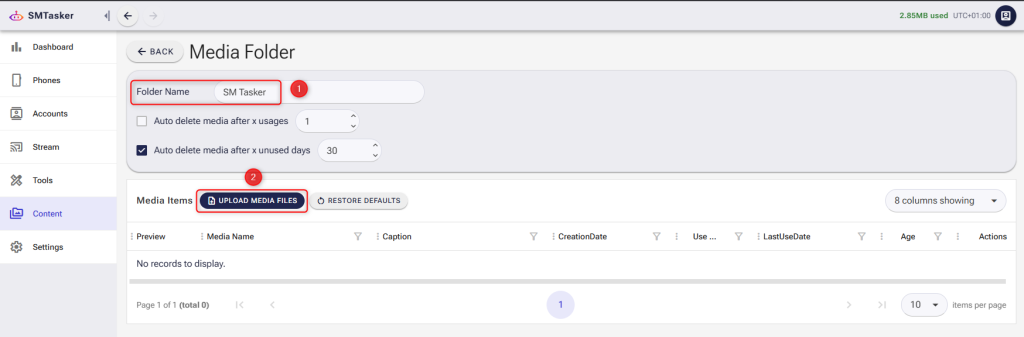 Screenshot of the Media Folder creation page in SM Tasker showing the Folder Name field and the Upload Media Files button highlighted with red markers.