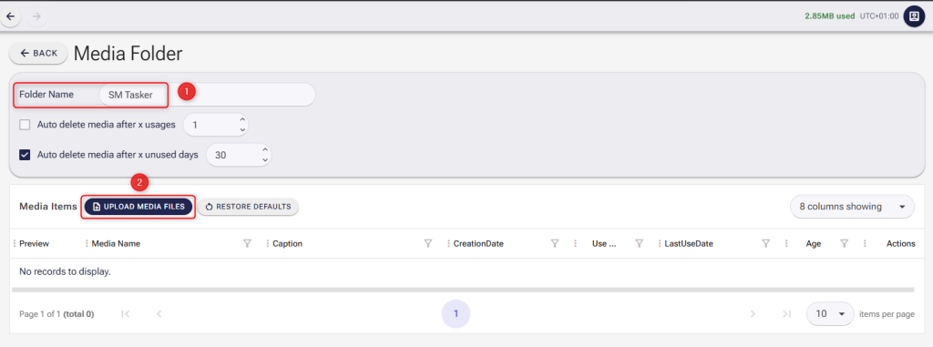 Screenshot of the Media Folder creation page in SM Tasker showing the Folder Name field and the Upload Media Files button highlighted with red markers.