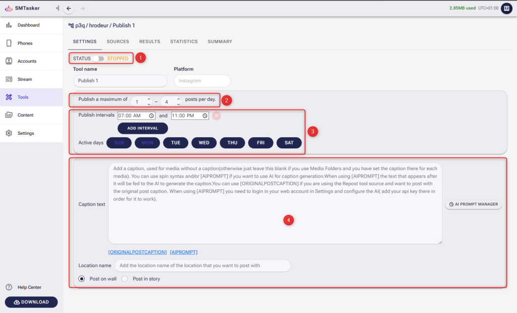 Screenshot of the Publish tool settings in SM Tasker showing status toggle, posts per day range, scheduling intervals, and the caption configuration area.