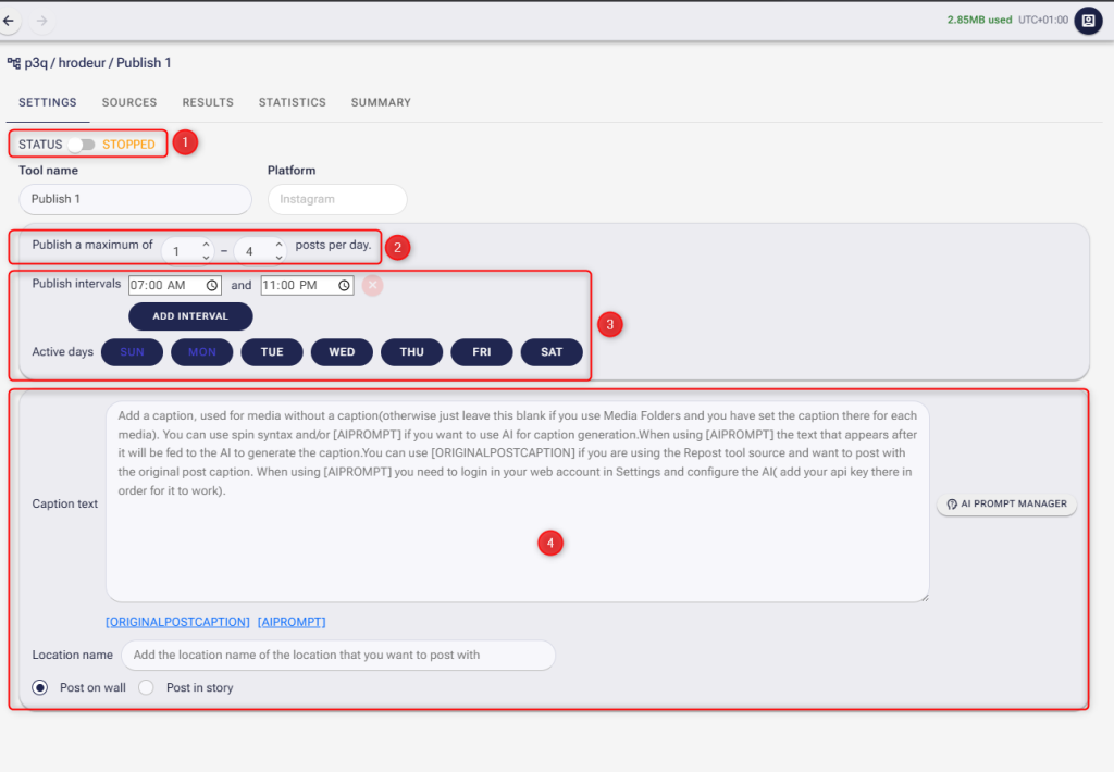 Screenshot of the Publish tool settings in SM Tasker showing status toggle, posts per day range, scheduling intervals, and the caption configuration area.