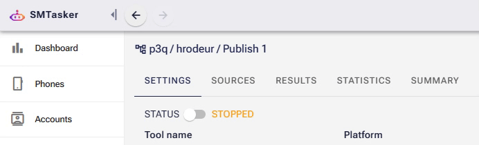 Animated GIF showing how to switch the Status toggle from Stopped to On in the Publish tool settings, resulting in a green Started status.