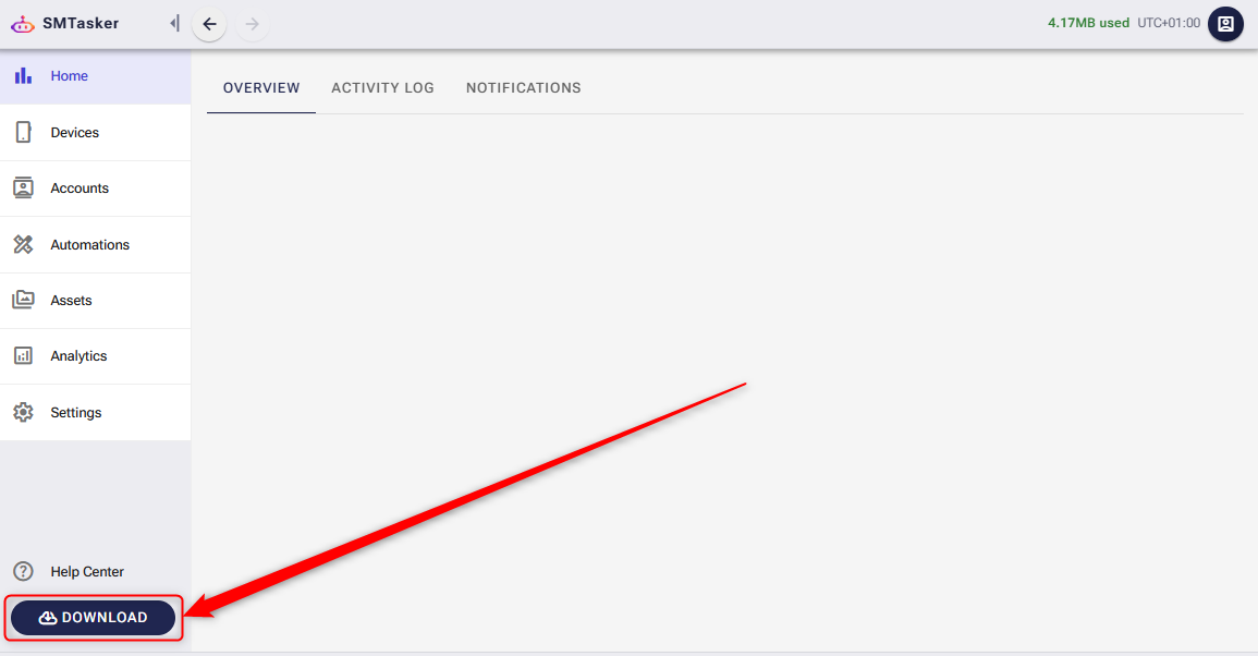 A screenshot of the SMTasker web dashboard interface. A prominent red arrow points to the dark blue 'DOWNLOAD' button located in the bottom-left corner of the navigation sidebar.
